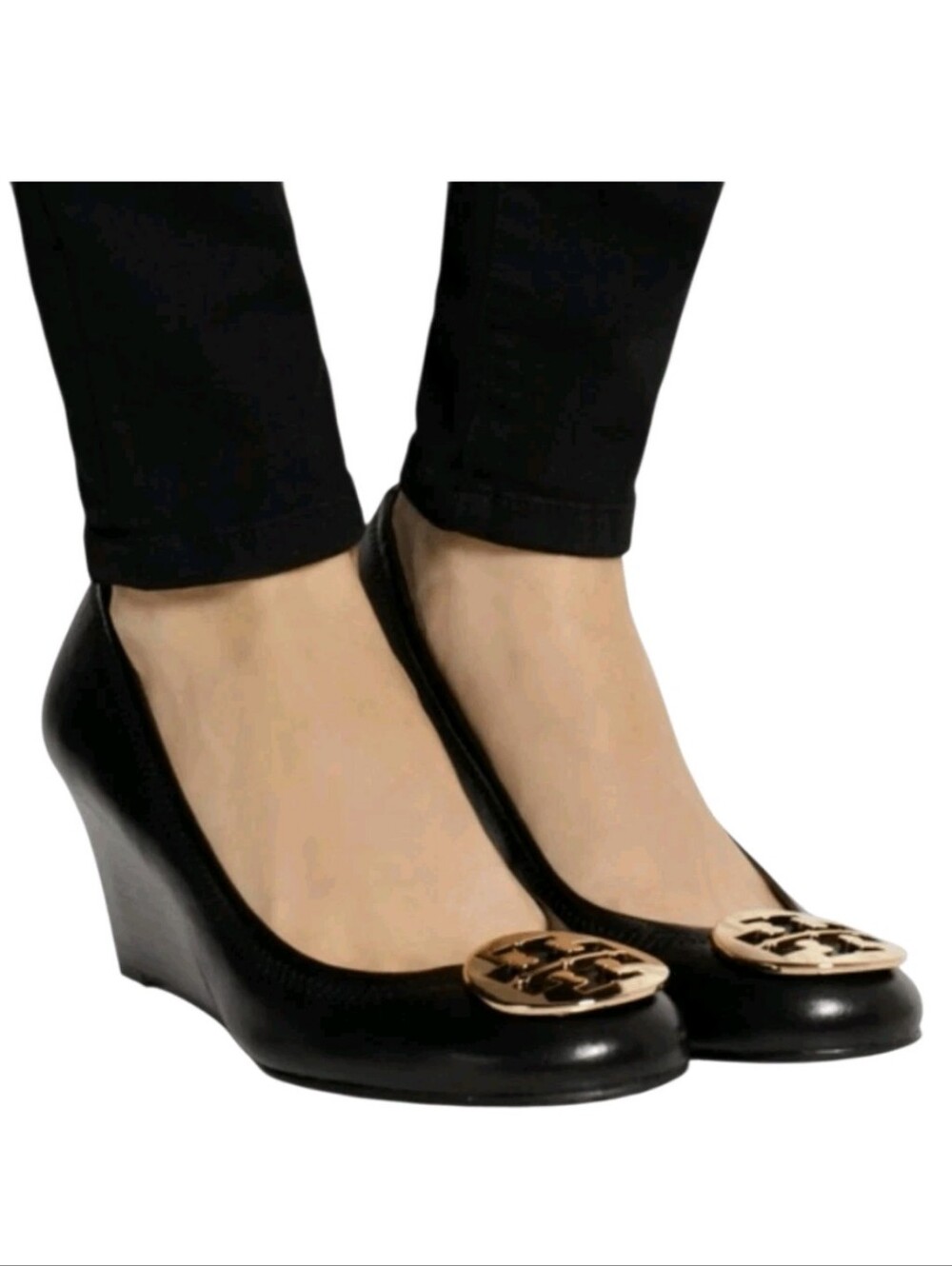 TORY BURCH Sally Black Leather Wedge Pumps Size 7 Slip-on Soft Designer Career
